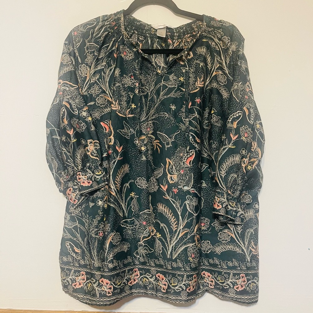 CJ Banks Dark Green Floral Blouse